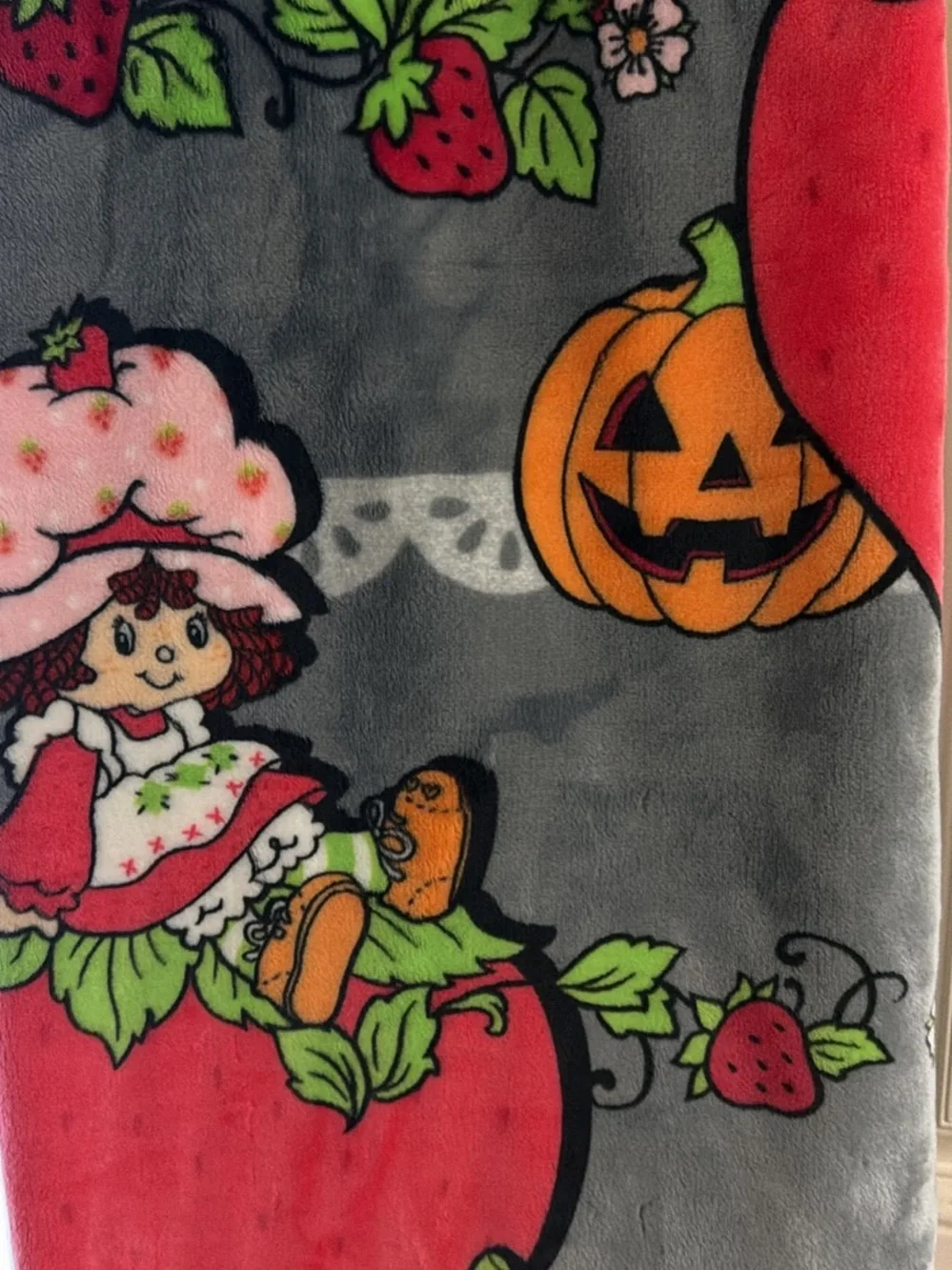 Strawberry-Themed Plush Throw Blanket in Gray & Red